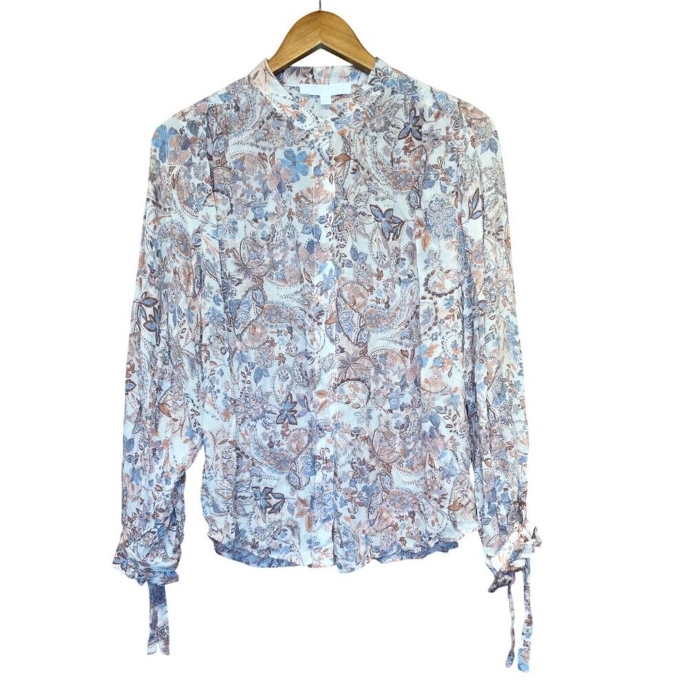 Adyson Parker Paisley Floral Print Blouse Tie Cuffs Button Front Career Office
